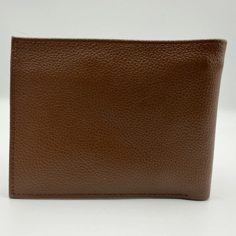 Lee-Tee Red Buffalo Hub Brown Pebbled Leather Bifold Wallet Zipper Pocket Mens